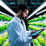 A professional agricultural technologist in a modest work uniform, standing within a gleaming, multi-layered vertical farm located inside a modern city building. Rows of vibrant green leafy vegetables thrive under controlled LED lighting. The technologist is naturally posed, inspecting the plants with a tablet in hand. The background shows advanced hydroponic systems and a subtle hint of the Istanbul skyline through a large window. fully clothed, appropriate attire, safe for work, family-friendly, perfect anatomy, correct proportions, well-formed hands, proper finger count, natural body proportions, professional photography, high quality, realistic.