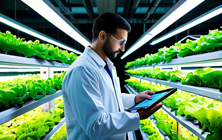 A professional agricultural technologist in a modest work uniform, standing within a gleaming, multi-layered vertical farm located inside a modern city building. Rows of vibrant green leafy vegetables thrive under controlled LED lighting. The technologist is naturally posed, inspecting the plants with a tablet in hand. The background shows advanced hydroponic systems and a subtle hint of the Istanbul skyline through a large window. fully clothed, appropriate attire, safe for work, family-friendly, perfect anatomy, correct proportions, well-formed hands, proper finger count, natural body proportions, professional photography, high quality, realistic.